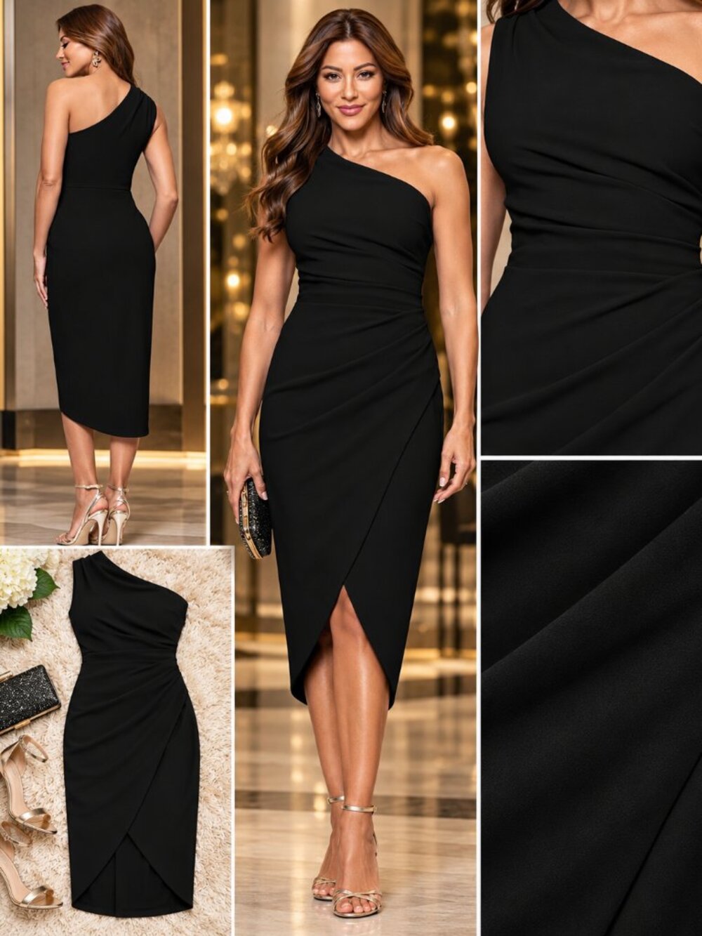 XSCAPE Black One Shoulder Ruched Wrap Midi Cocktail Dress Size 4 NWT